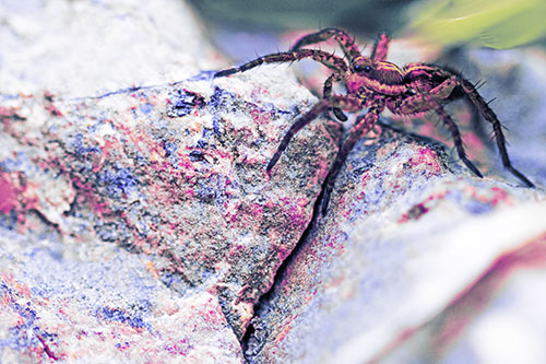 Wolf Spider Crawling Over Cracked Rock Crevice (Purple Tint)