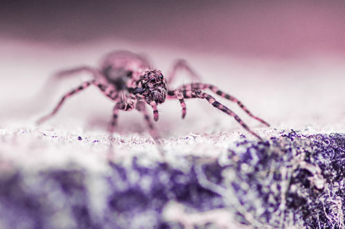 Wolf Spider Standing Along Rock Edge (Purple Tint)
