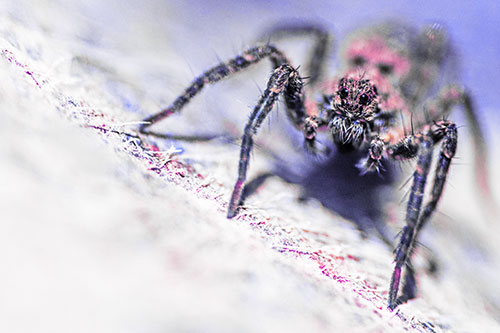 Wolf Spider Watching Among Sloping Rock (Purple Tint)