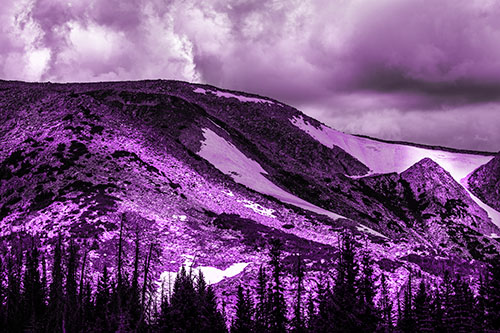 Clouds Cover Melted Snowy Mountain Range (Purple Tone)