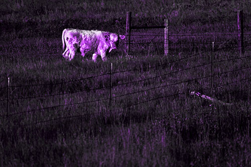 Cow Glances Sideways Beside Barbed Wire Fence (Purple Tone Photo)