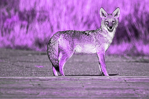 Crossing Coyote Glares Across Bridge Walkway (Purple Tone Photo)