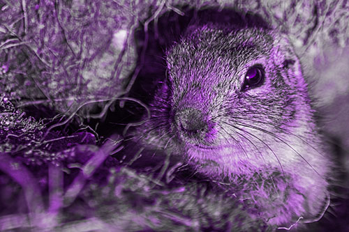 Curious Prairie Dog Watches From Dirt Tunnel Entrance (Purple Tone Photo)