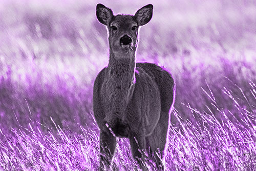 Curious White Tailed Deer Glaring Among Sunset (Purple Tone Photo)