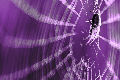 Dewy Orb Weaver Spider Hangs Among Web (Purple Tone Photo)