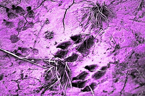 Dog Footprints On Dry Cracked Mud (Purple Tone Photo)