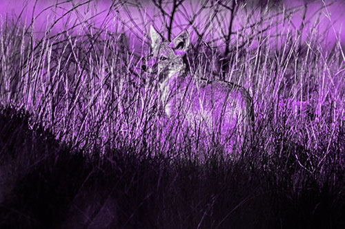 Gazing Coyote Watches Among Feather Reed Grass (Purple Tone Photo)