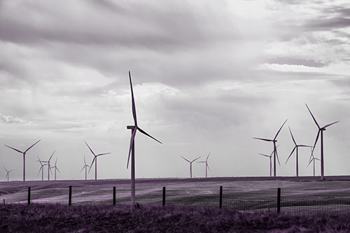 Gloomy Clouds Overcast Wind Turbine Pasture (Purple Tone Photo)