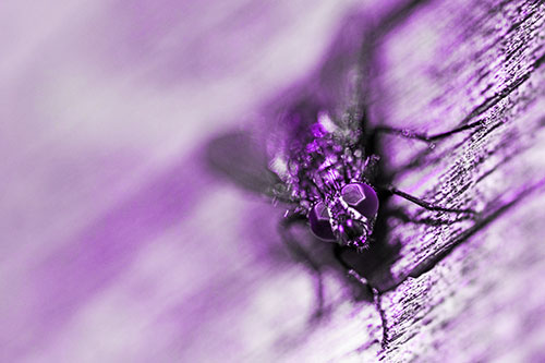 Happy Cluster Fly Enjoys Getting Suntan Among Cracked Wood (Purple Tone)