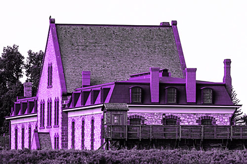 Hawk Sits Atop Gabled State Penitentiary Roof (Purple Tone Photo)