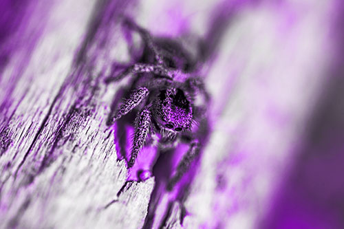 Jumping Spider Perched Among Wood Crevice (Purple Tone Photo)