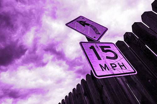Left Turn Speed Limit Sign Beside Wooden Fence (Purple Tone Photo)