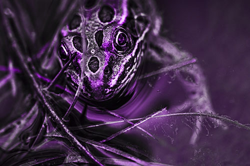 Leopard Frog Stares Among Shoreline Water (Purple Tone)