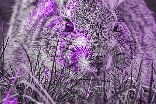 Resting Bunny Rabbit Watches Closely Among Grass Blades (Purple Tone)