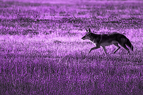 Running Coyote Hunting Among Grass Prairie (Purple Tone Photo)