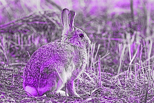 Sitting Bunny Rabbit Among Broken Plant Stems (Purple Tone Photo)