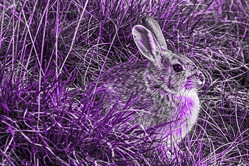 Sitting Bunny Rabbit Enjoying Sunrise Among Grass (Purple Tone Photo)