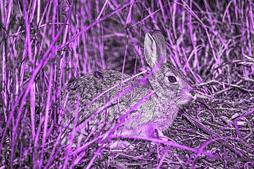 Sitting Bunny Rabbit Enjoying Sunshine Among Sticks (Purple Tone)