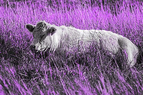 Sleeping Cow Resting Among Grass (Purple Tone Photo)