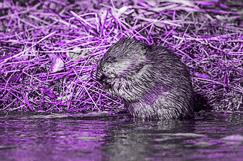 Soaked Muskrat Nibbles Grass Along River Shore (Purple Tone Photo)