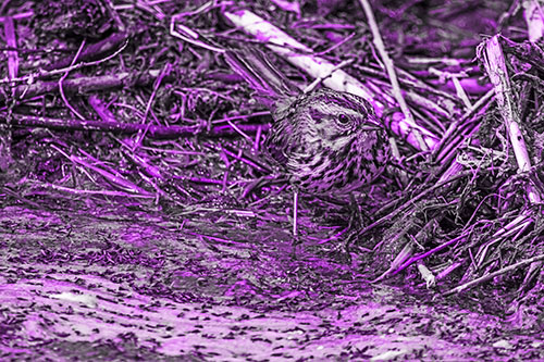 Song Sparrow Peeking Around Sticks (Purple Tone Photo)