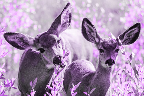 Two Mule Deer Enjoying Leafy Breakfast (Purple Tone)