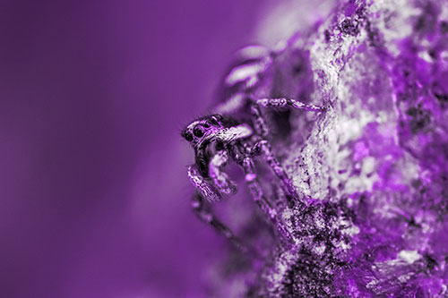 Vertical Perched Jumping Spider Extends Fangs (Purple Tone Photo)