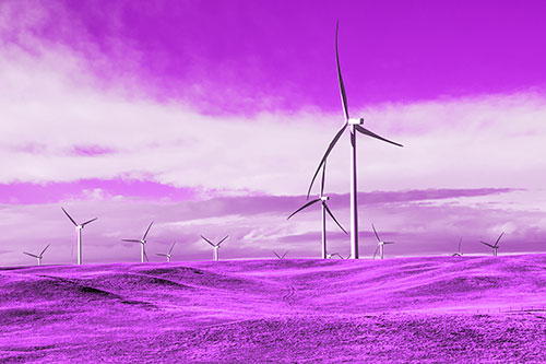 Wind Turbine Cluster Overtaking Hilly Horizon (Purple Tone Photo)