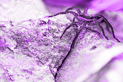 Wolf Spider Crawling Over Cracked Rock Crevice (Purple Tone Photo)