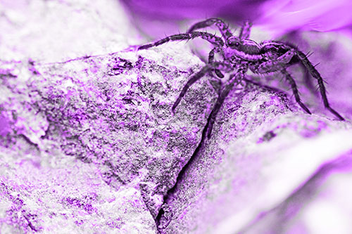 Wolf Spider Crawling Over Cracked Rock Crevice (Purple Tone)