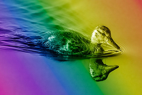 Aging Mallard Duckling Swimming Through Calm Water (Rainbow Shade)
