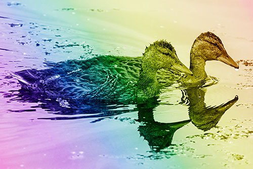 Algae Coated Female Mallard Ducks Swimming In Unison (Rainbow Shade)