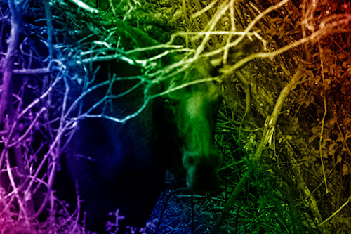 Angry Faced Moose Behind Tree Branches (Rainbow Shade Photo)