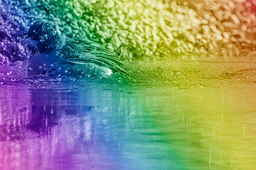 Bathing American Robin Splashing Water Along Shoreline (Rainbow Shade Photo)
