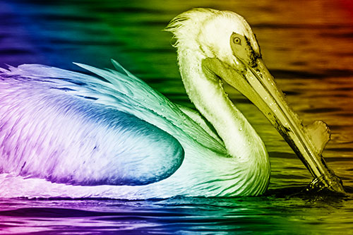 Beak Dipping Pelican Eying Across Lake Water (Rainbow Shade)