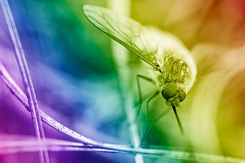 Bee Fly Balances Atop Dried Grass Blades (Rainbow Shade)