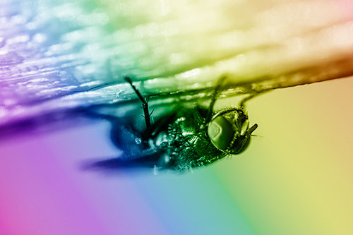 Big Eyed Blow Fly Perched Upside Down (Rainbow Shade Photo)