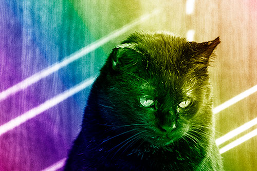 Black Cat Looking Downwards Among Sun Rays (Rainbow Shade)