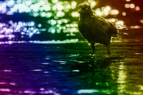 Brewers Blackbird Watches Water Intensely (Rainbow Shade Photo)