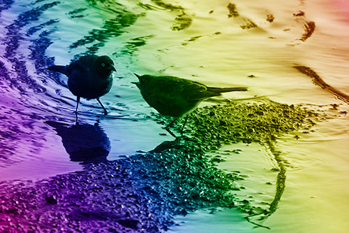 Brewers Blackbirds Feeding Along Shoreline (Rainbow Shade)