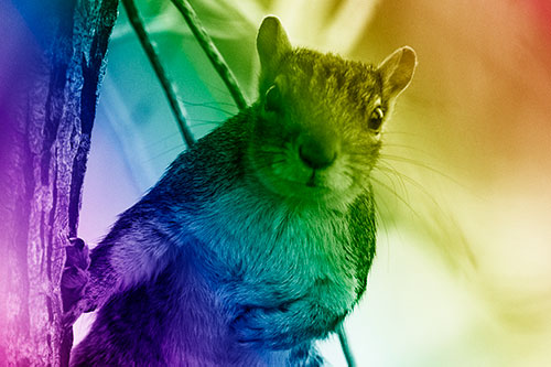 Chest Holding Squirrel Leans Against Tree (Rainbow Shade Photo)