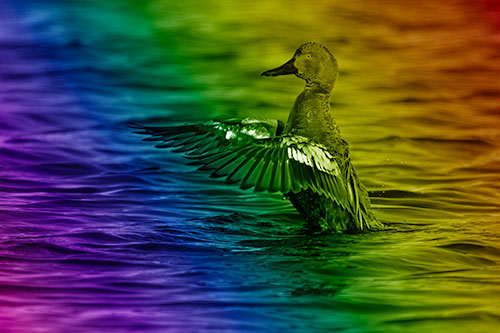 Cinnamon Teal Duck Flaps Wings Among Lake (Rainbow Shade)