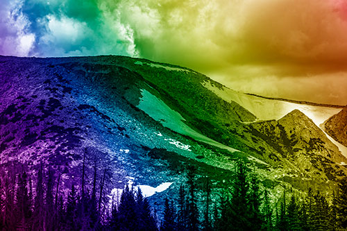 Clouds Cover Melted Snowy Mountain Range (Rainbow Shade Photo)