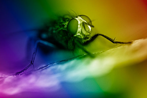 Cluster Fly Standing Atop Dead Sloping Autumn Leaf (Rainbow Shade)