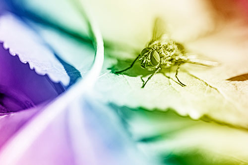 Cluster Fly Standing Atop Stacked Intersecting Leaves (Rainbow Shade)