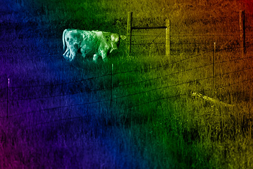 Cow Glances Sideways Beside Barbed Wire Fence (Rainbow Shade Photo)