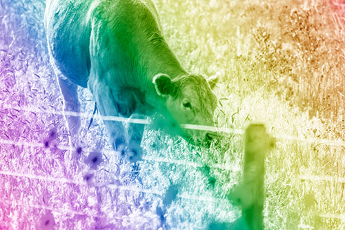 Cow Snacking On Grass Behind Fence (Rainbow Shade)