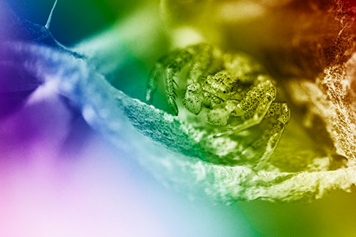 Crab Spider Cowers Among Leaf Petal (Rainbow Shade)