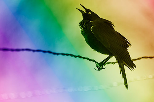 Croaking Grackle Balances Atop Fence Wire (Rainbow Shade Photo)