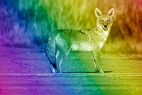 Crossing Coyote Glares Across Bridge Walkway (Rainbow Shade)